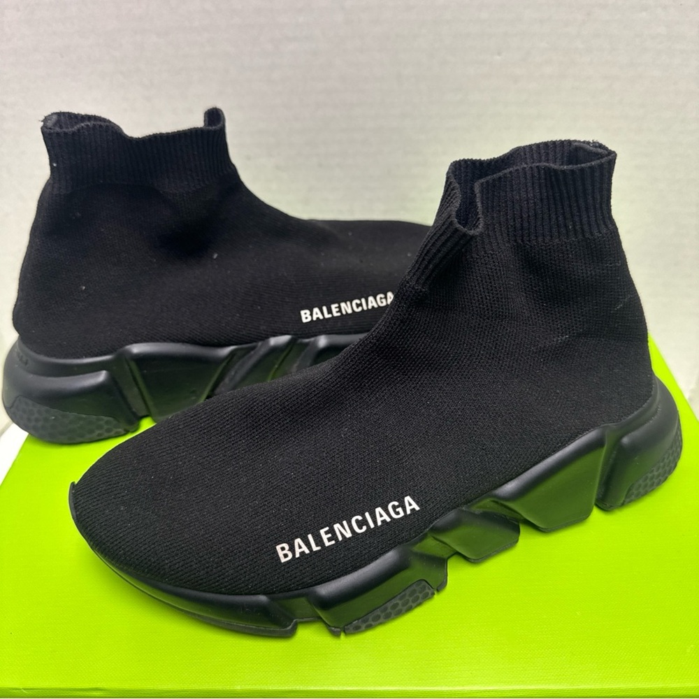BALENCIAGA Speed Trainer Knit Rare Sneakers Black On Black Shoes Sz 5 US 35 EURO